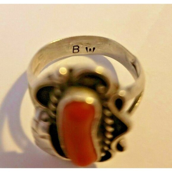 Navajo Signed Coral Sterling Silver Ring sz 5.5 - Picture 3 of 4